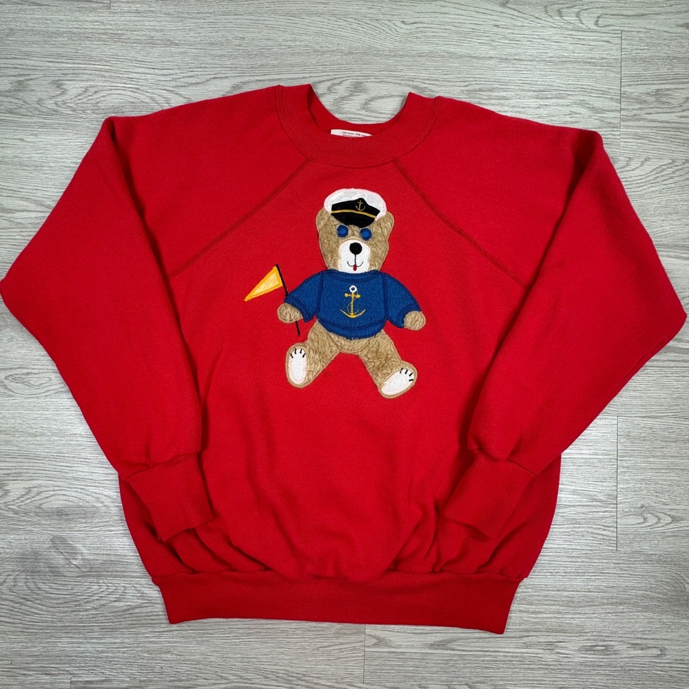 VINTAGE Bordeaux Womens Sweatshirt 80s Nautical Teddy Bear Red Medium Raglan USA